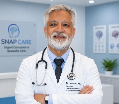 Dr. Suresh Kumar, MD, FAAN, neurologist, standing with his arms crossed in the clinic